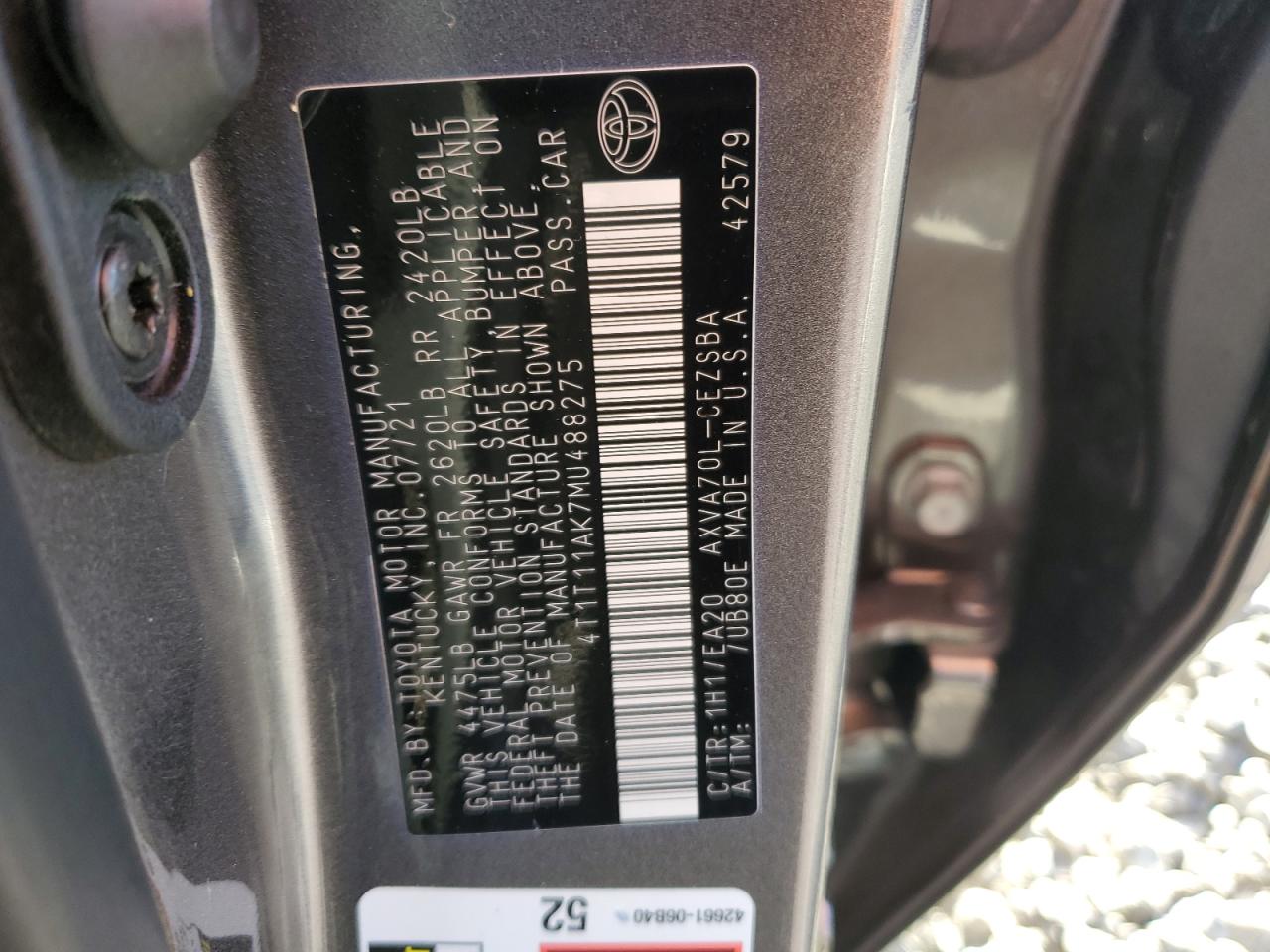 2021 Toyota Camry VIN 4T1T11AK7MU488275 Copart auction photo, rear end damage thumbnail 14