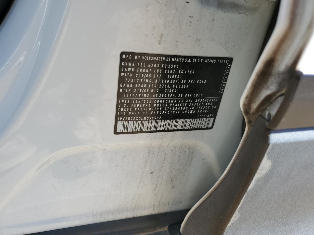 2020 Volkswagen Tiguan VIN 3VV3B7AX0LM036592 Copart auction photo, mechanical damage thumbnail 13