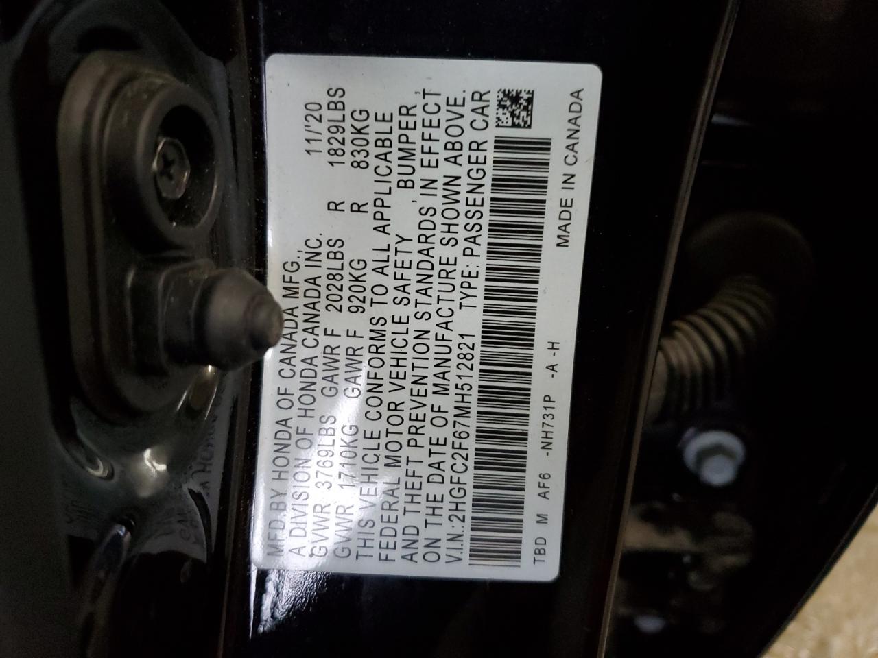 2021 Honda Civic VIN 2HGFC2F67MH512821 Copart auction photo, front end / rear end damage thumbnail 13