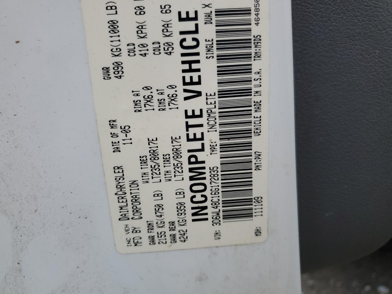 2006 Dodge RAM VIN 3D6WL48C16G172835 Copart auction photo, front end / undercarriage damage thumbnail 14