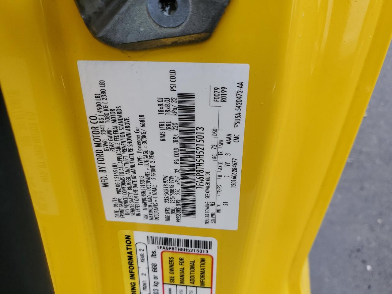 2017 Ford Mustang VIN 1FA6P8TH5H5215013 Copart auction photo, rear end damage thumbnail 12