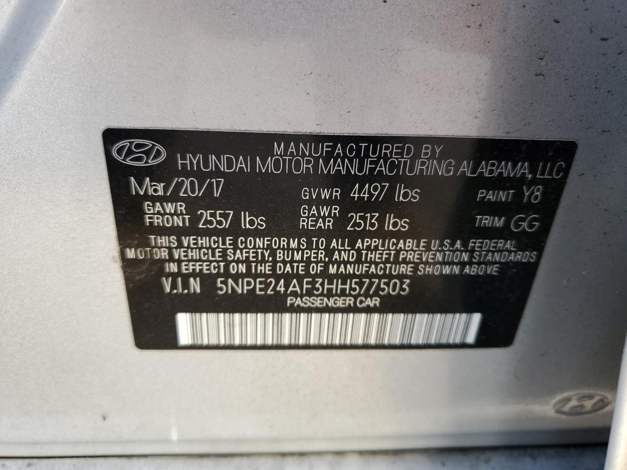 2017 Hyundai Sonata VIN 5NPE24AF3HH577503 Copart auction photo, front end damage thumbnail 14