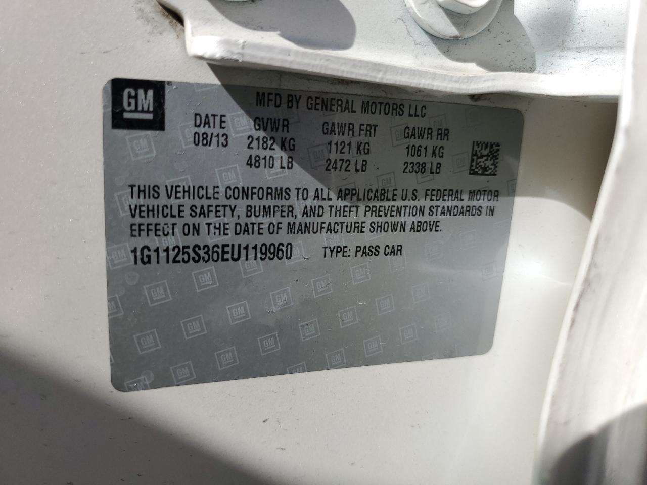 2014 Chevrolet Impala VIN 1G1125S36EU119960 Copart auction photo, side / minor dent/scratches damage thumbnail 12