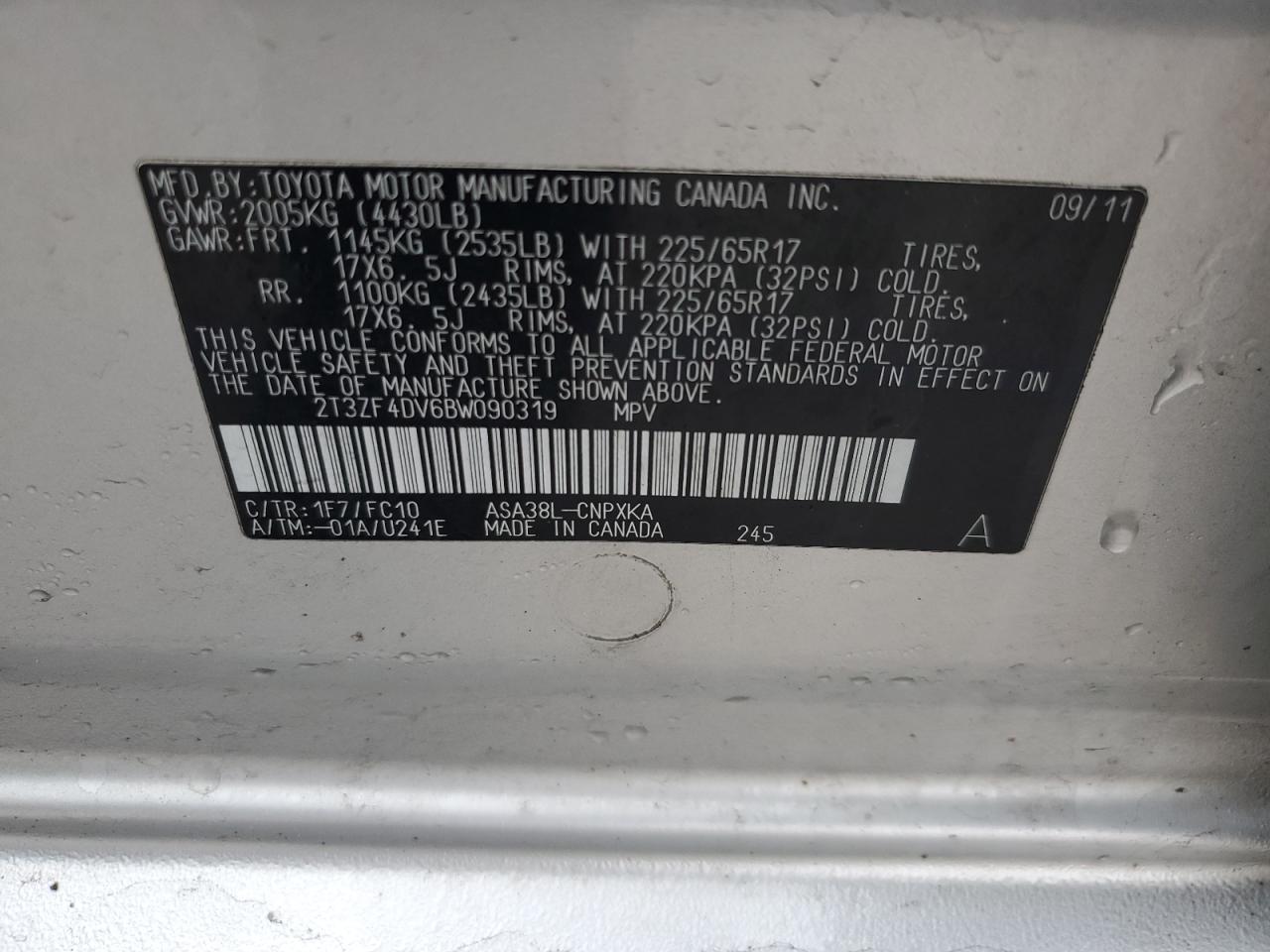 2011 Toyota RAV 4 VIN 2T3ZF4DV6BW090319 Copart auction photo, rear end / front end damage thumbnail 14