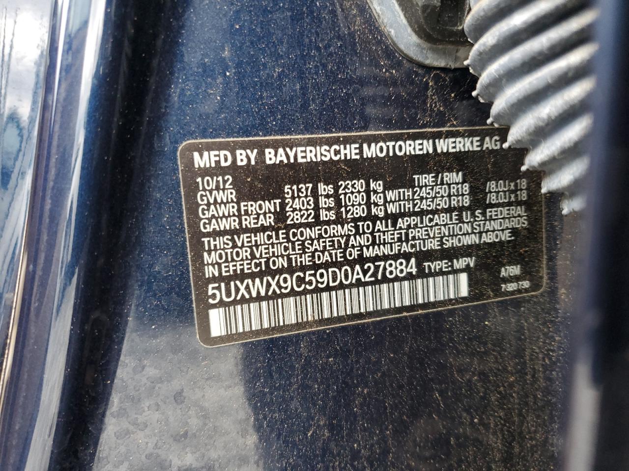 2013 BMW X3 VIN 5UXWX9C59D0A27884 Copart auction photo, mechanical / front end damage thumbnail 13