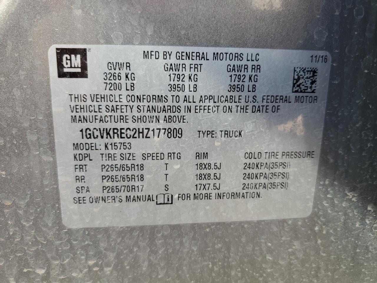 2017 Chevrolet Silverado VIN 1GCVKREC2HZ177809 Copart auction photo, hail / side damage thumbnail 12