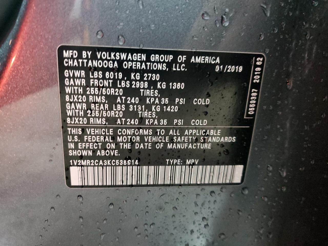 2019 Volkswagen Atlas VIN 1V2MR2CA3KC538814 Copart auction photo, front end / rear end damage thumbnail 15