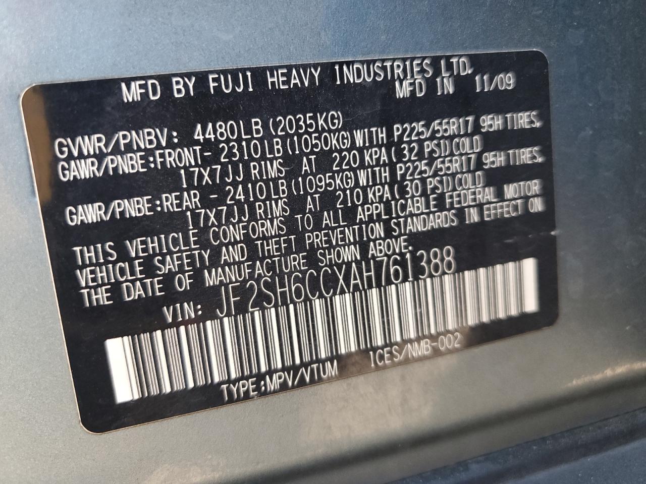 2010 Subaru Forester VIN JF2SH6CCXAH761388 Copart auction photo, rear end / minor dent/scratches damage thumbnail 13
