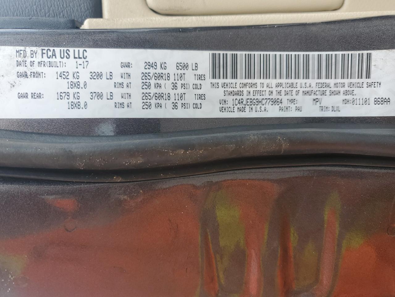 2017 Jeep Grand Cherokee VIN 1C4RJEBG9HC779064 Copart auction photo, front end / undercarriage damage thumbnail 13
