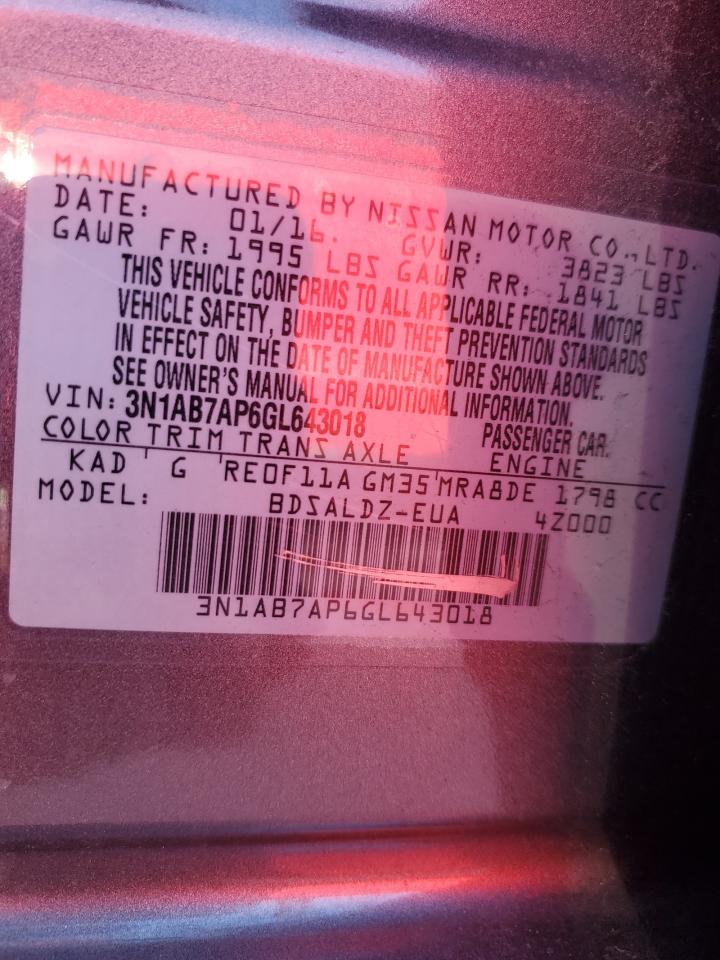 2016 Nissan Sentra VIN 3N1AB7AP6GL643018 Copart auction photo, front end damage thumbnail 12