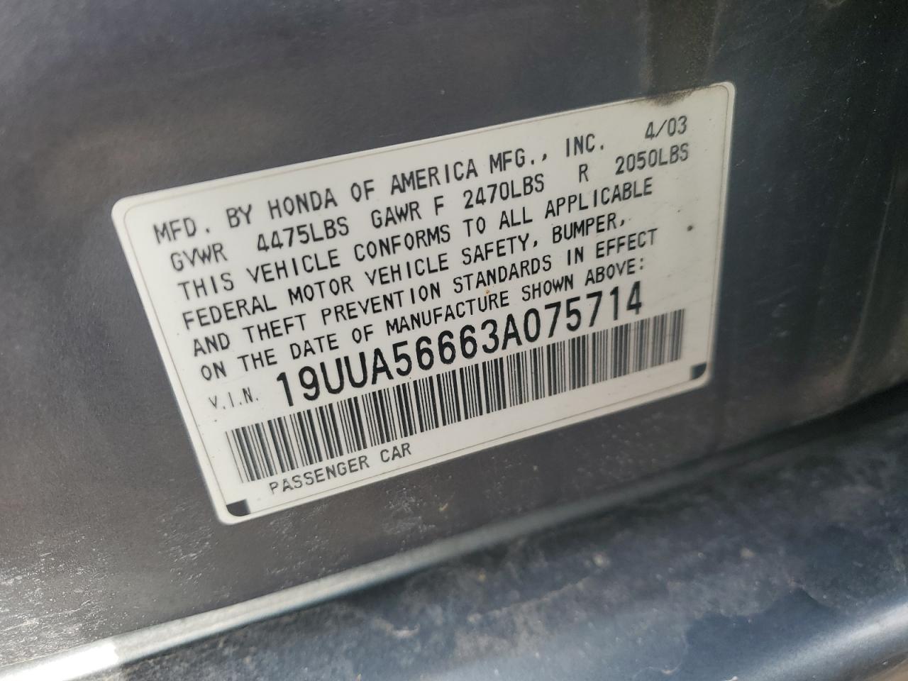 2003 Acura TL VIN 19UUA56663A075714 Copart auction photo, rear end damage thumbnail 14
