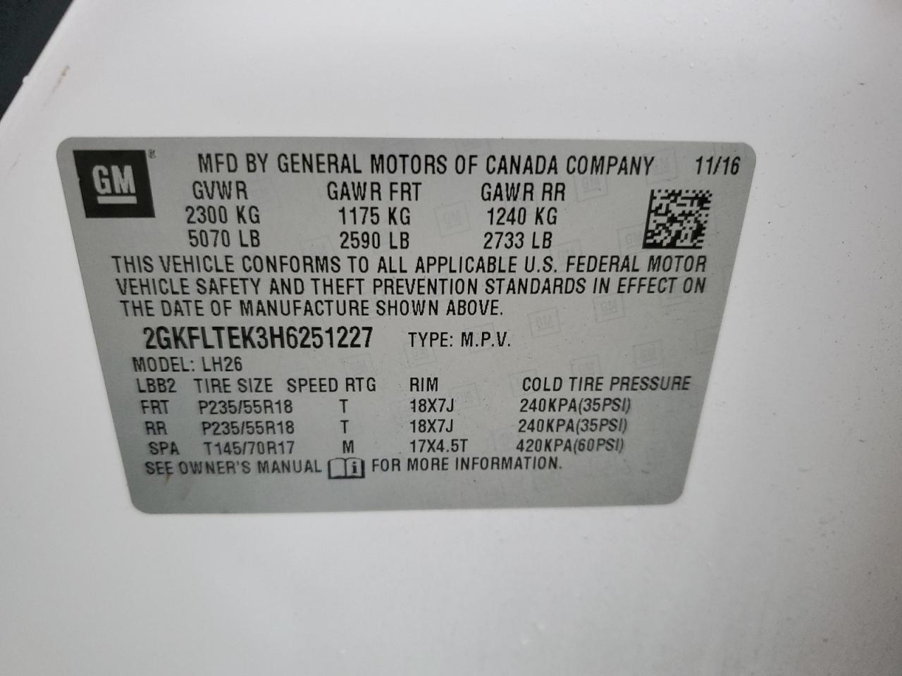 2017 GMC Terrain VIN 2GKFLTEK3H6251227 Copart auction photo, minor dent/scratches damage thumbnail 13
