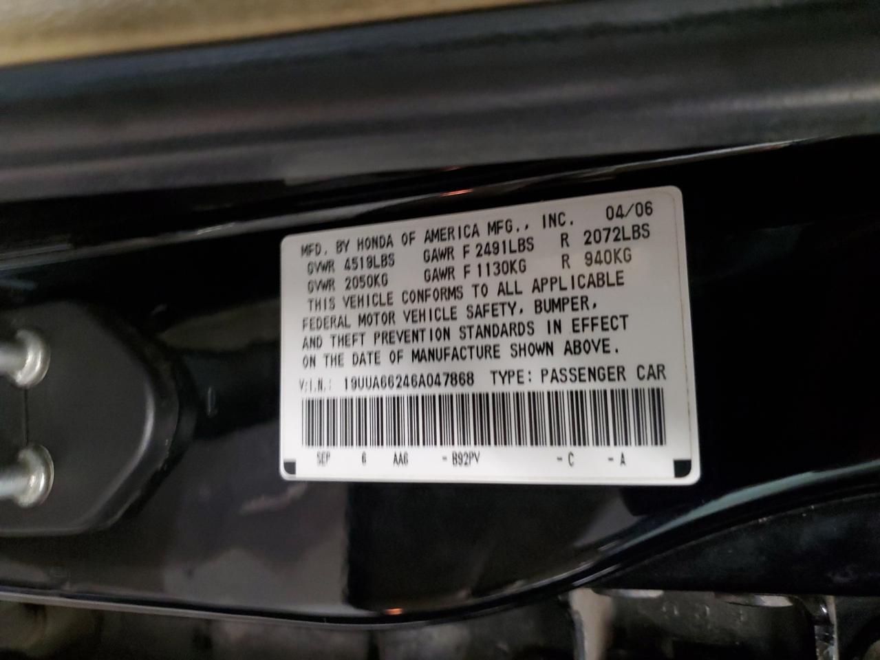 2006 Acura TL VIN 19UUA66246A047868 Copart auction photo, side / front end damage thumbnail 12