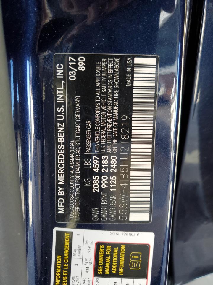 2017 Mercedes-Benz C-klasse VIN 55SWF4JB5HU218219 Copart auction photo, front end damage thumbnail 12