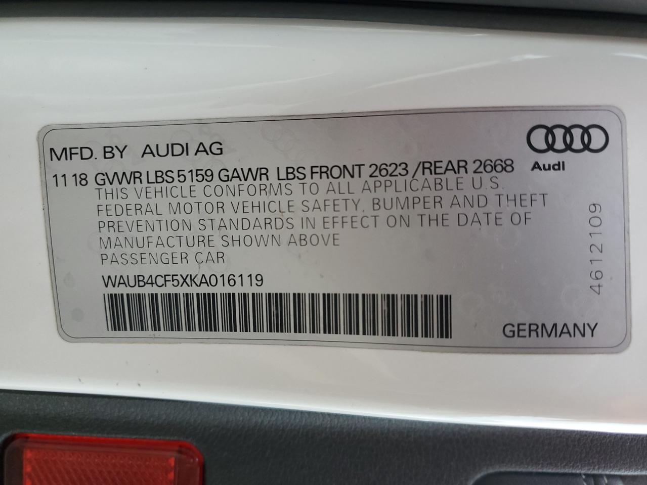 2019 Audi RS5 VIN WAUB4CF5XKA016119 Copart auction photo, front end damage thumbnail 14