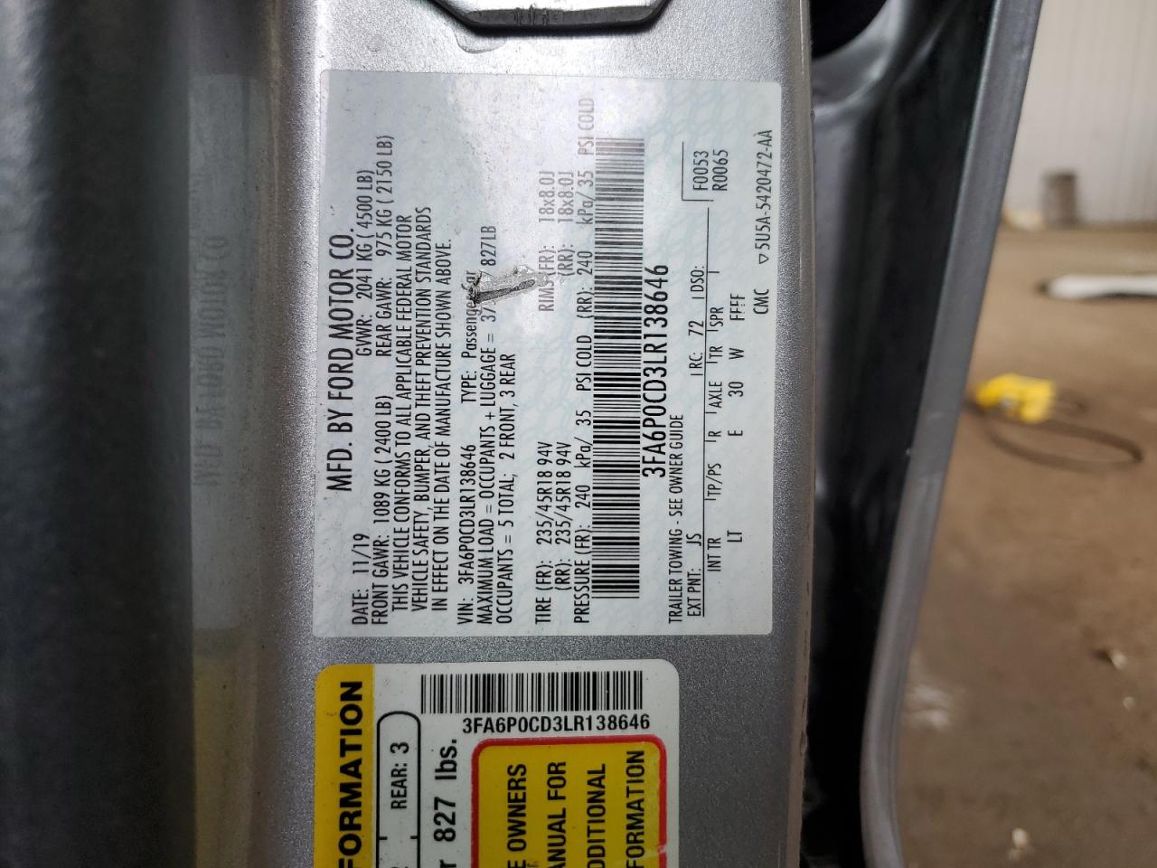 2020 Ford Fusion VIN 3FA6P0CD3LR138646 Copart auction photo, front end damage thumbnail 12