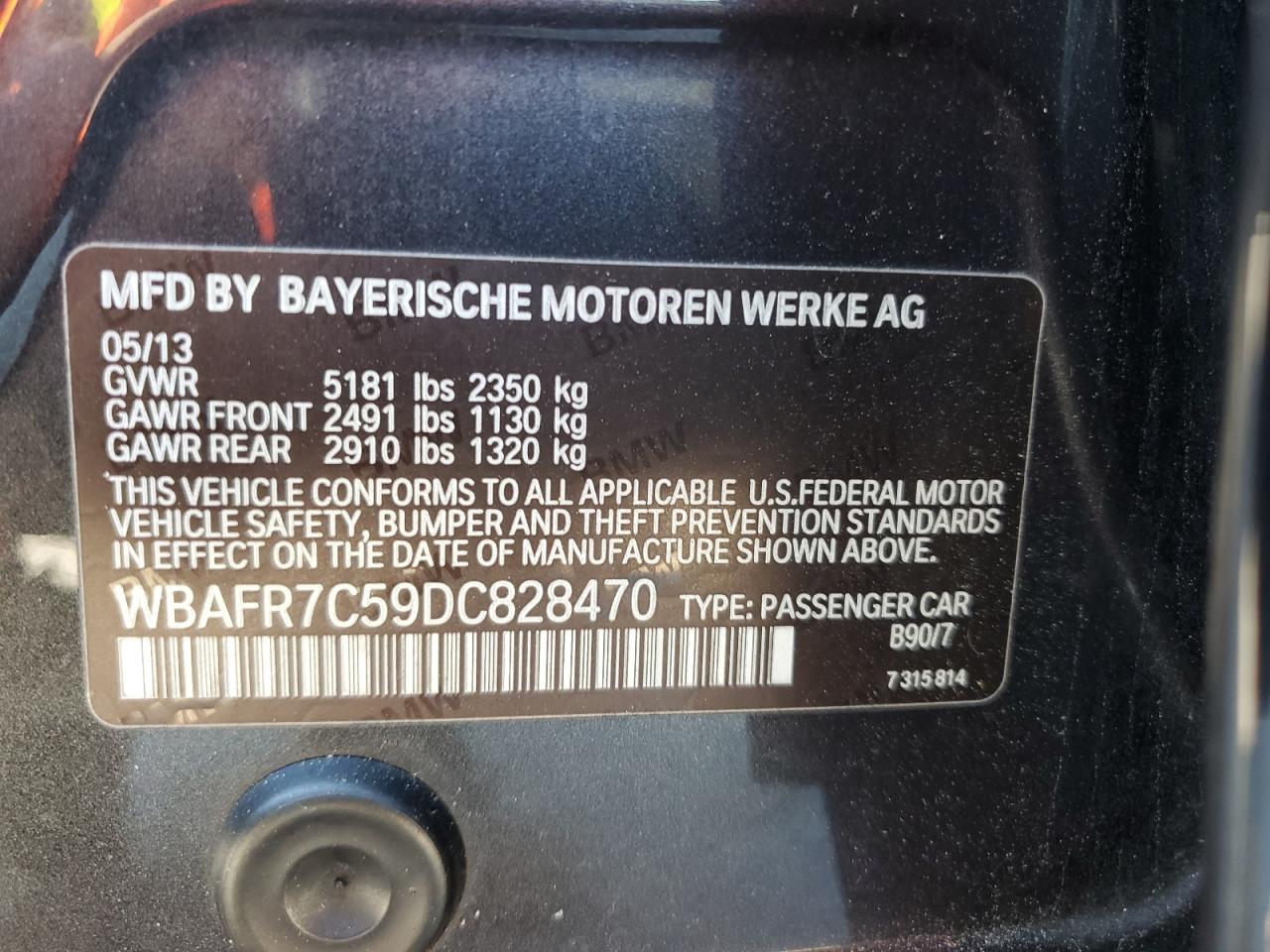 2013 BMW 5er VIN WBAFR7C59DC828470 Copart auction photo, front end damage thumbnail 14