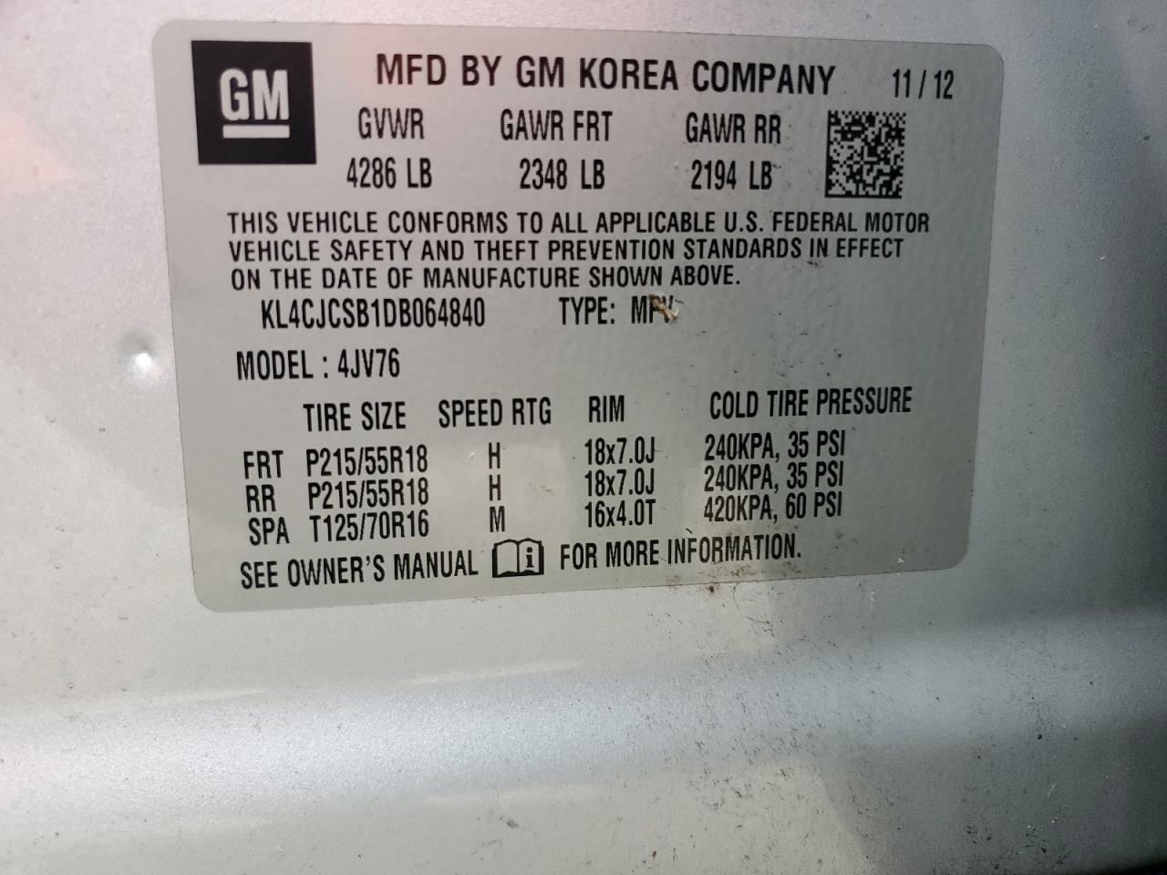 2013 Buick Encore VIN KL4CJCSB1DB064840 Copart auction photo, rear end damage thumbnail 12