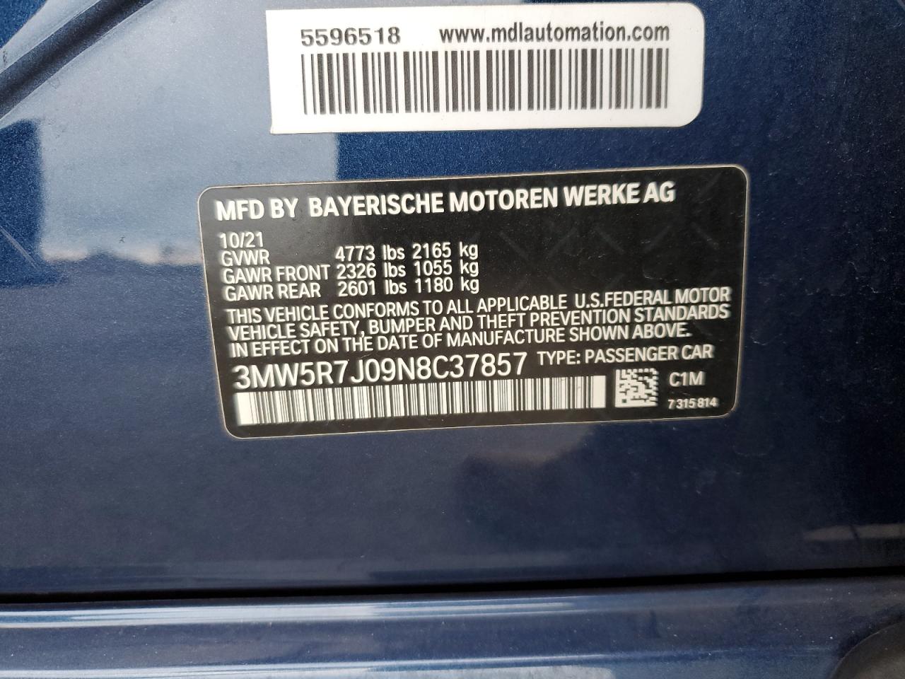 2022 BMW 3er VIN 3MW5R7J09N8C37857 Copart auction photo, front end / minor dent/scratches damage thumbnail 14