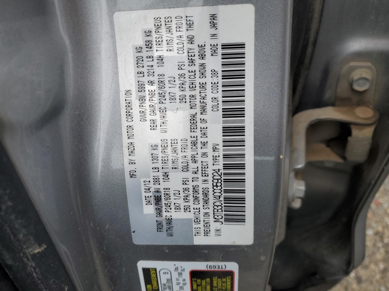 2012 Mazda CX-9 VIN JM3TB3CV4C0359024 Copart auction photo, front end / side damage thumbnail 14
