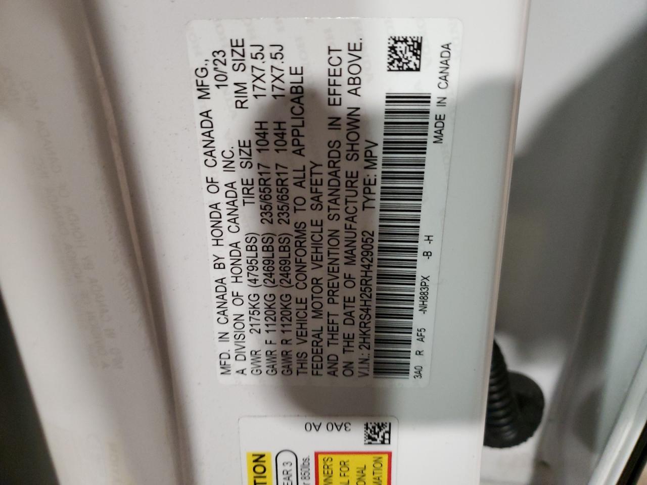 2024 Honda CR-V VIN 2HKRS4H25RH429052 Copart auction photo, rollover damage thumbnail 13