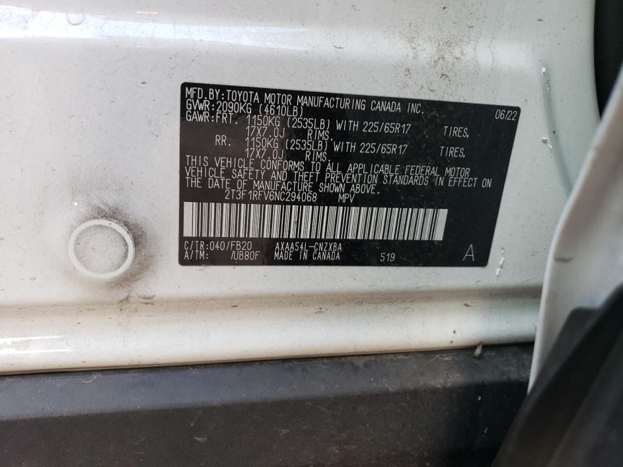 2022 Toyota RAV 4 VIN 2T3F1RFV6NC294068 Copart auction photo, burn / front end damage thumbnail 13