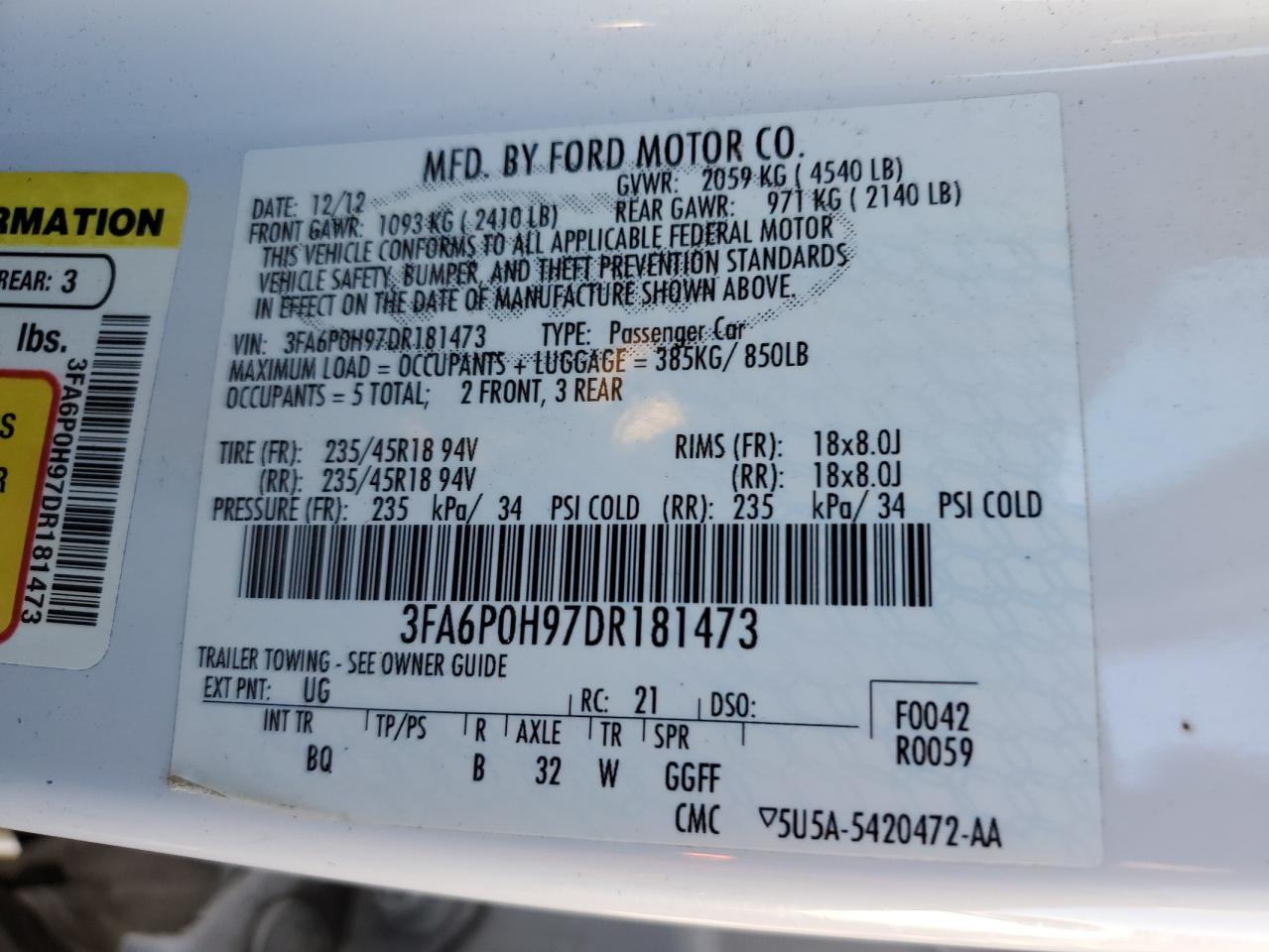 2013 Ford Fusion VIN 3FA6P0H97DR181473 Copart auction photo, rear end damage thumbnail 12