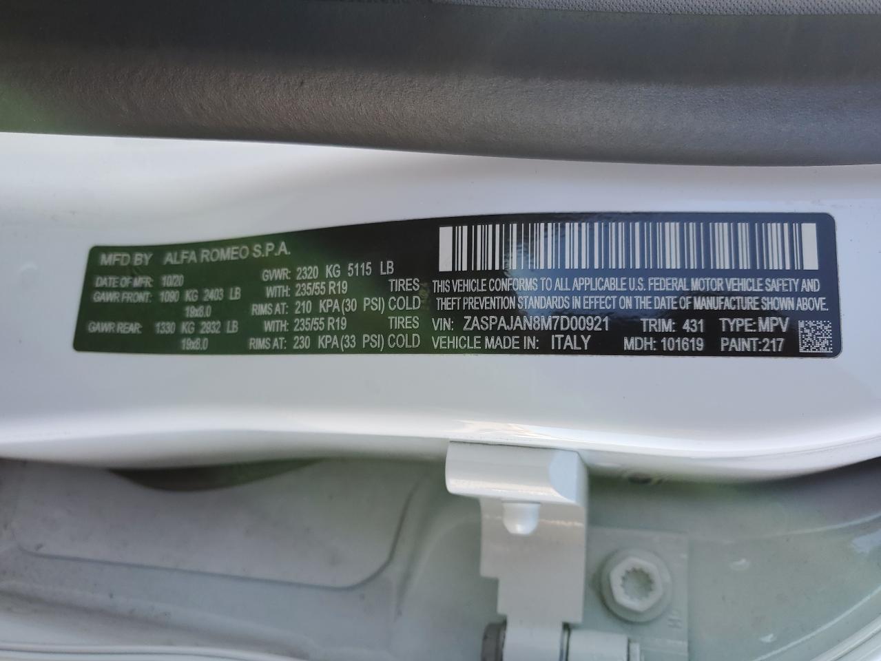 2021 Alfa Romeo Stelvio VIN ZASPAJAN8M7D00921 Copart auction photo, front end damage thumbnail 13