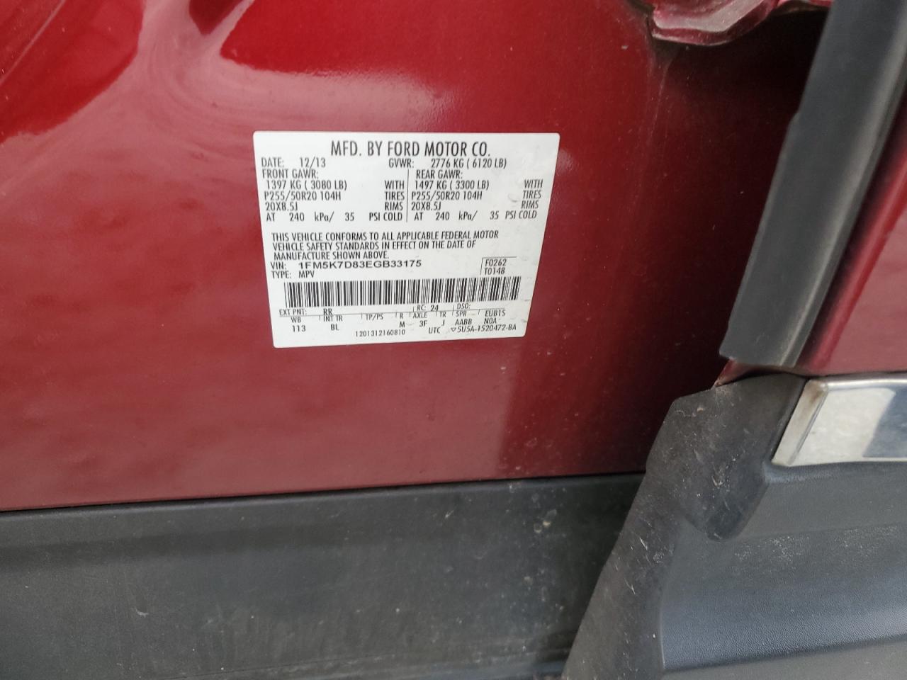 2014 Ford Explorer VIN 1FM5K7D83EGB33175 Copart auction photo, front end / side damage thumbnail 13