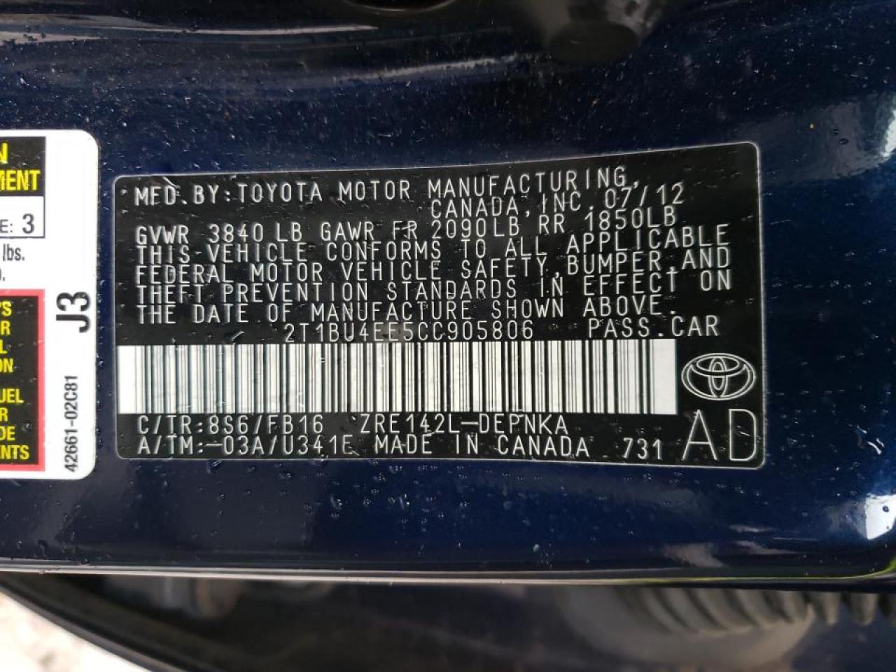 2012 Toyota Corolla VIN 2T1BU4EE5CC905806 Copart auction photo, frame damage / rear end damage thumbnail 14