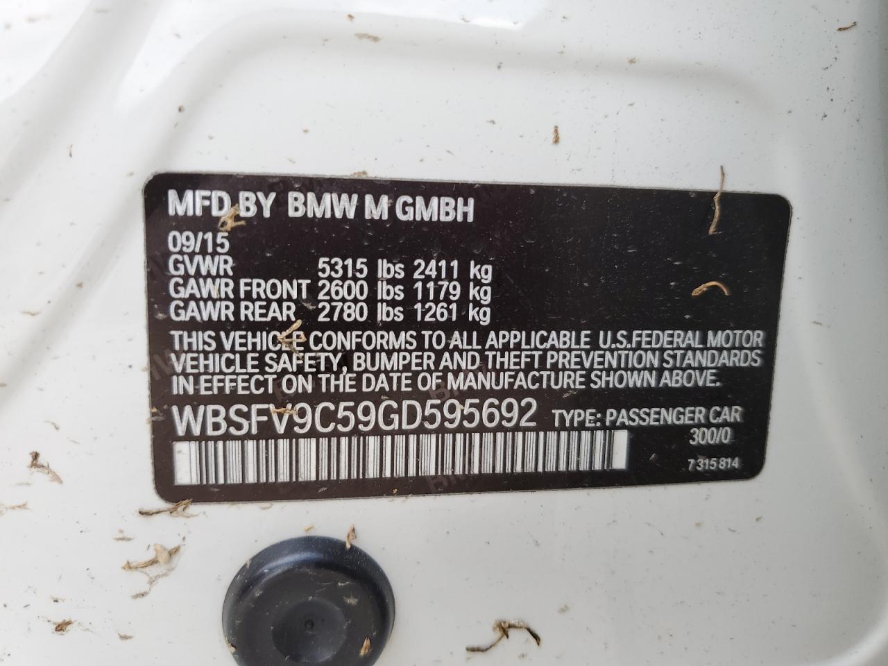 2016 BMW M5 VIN WBSFV9C59GD595692 Copart auction photo, water/flood damage thumbnail 12