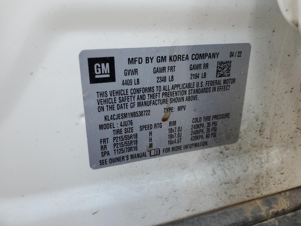 2022 Buick Encore VIN KL4CJESM1NB538722 Copart auction photo, rear end damage thumbnail 15