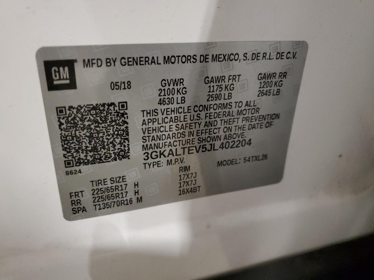 2018 GMC Terrain VIN 3GKALTEV5JL402204 Copart auction photo, front end damage thumbnail 15