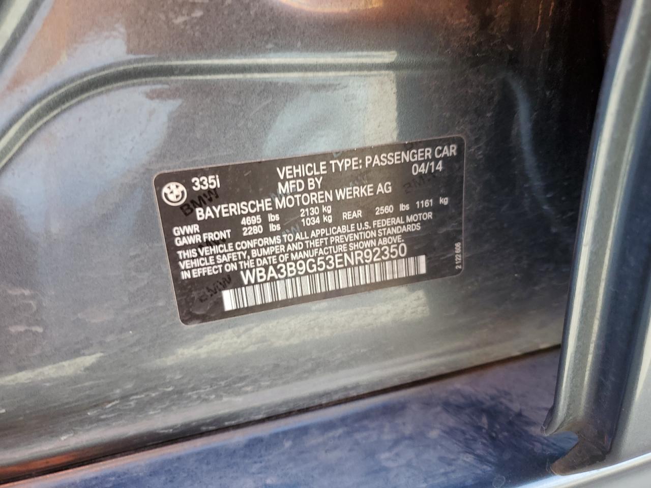 2014 BMW 3er VIN WBA3B9G53ENR92350 Copart auction photo, front end damage thumbnail 13
