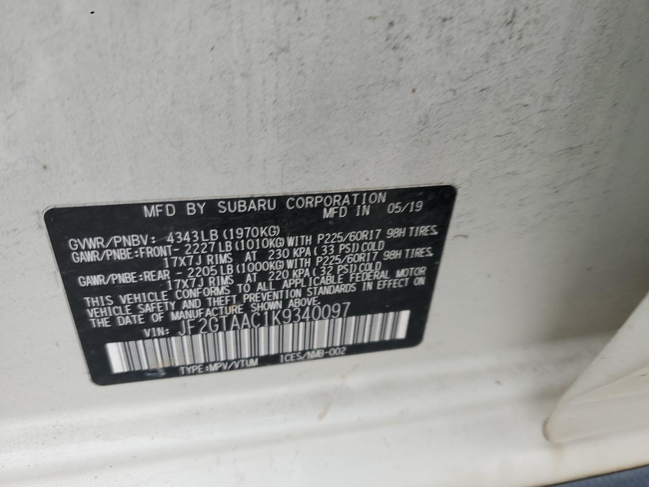 2019 Subaru XV VIN JF2GTAAC1K9340097 Copart auction photo, all over / frame damage damage thumbnail 13