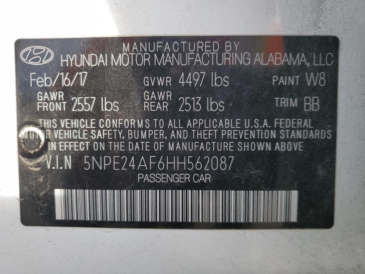 2017 Hyundai Sonata VIN 5NPE24AF6HH562087 Copart auction photo, vandalism damage thumbnail 14