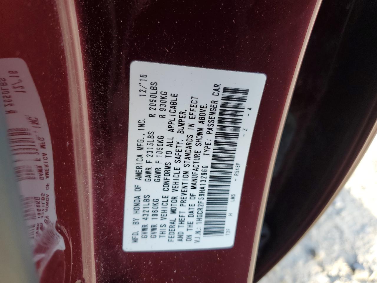 2017 Honda Accord VIN 1HGCR2F59HA132960 Copart auction photo, rear end damage thumbnail 13