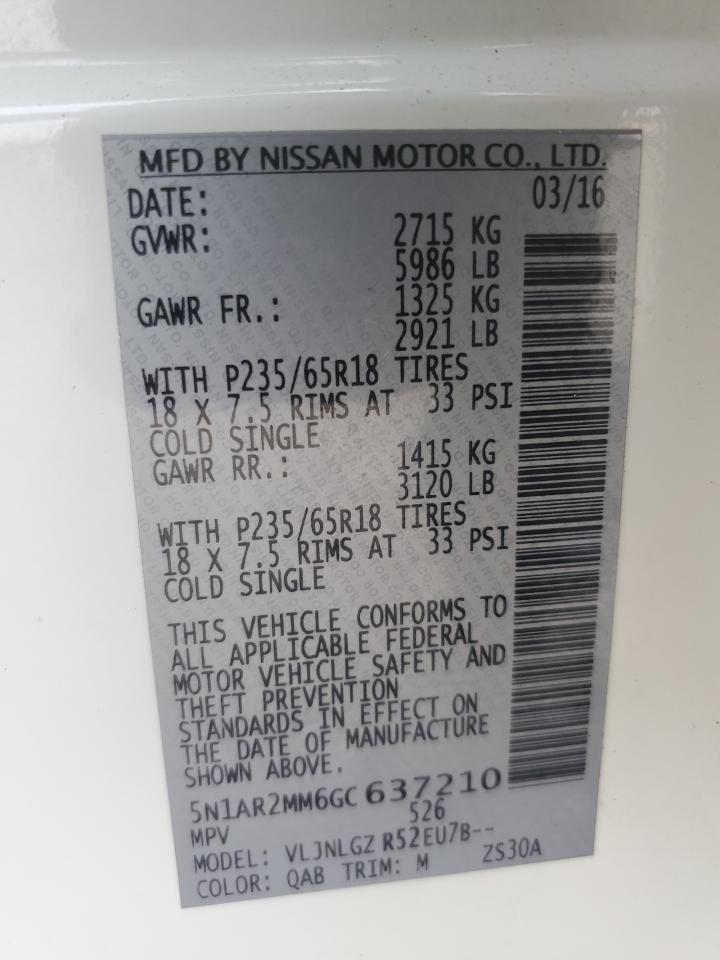 2016 Nissan Pathfinder VIN 5N1AR2MM6GC637210 Copart auction photo, rear end damage thumbnail 15