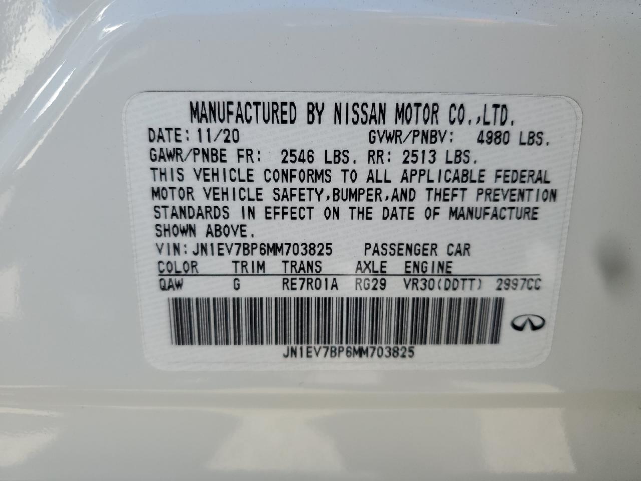 2021 Infiniti Q50 VIN JN1EV7BP6MM703825 Copart auction photo, all over damage thumbnail 12