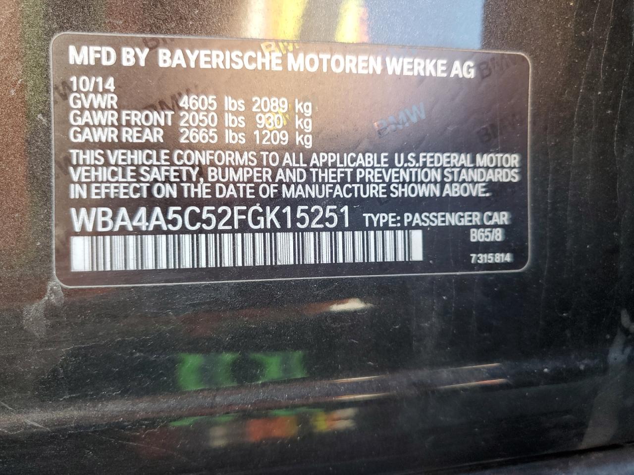 2015 BMW 4er VIN WBA4A5C52FGK15251 Copart auction photo, water/flood damage thumbnail 12