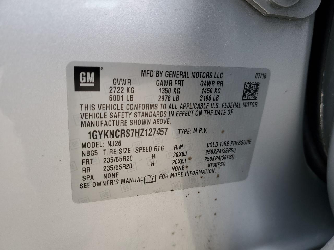 2017 Cadillac XT5 VIN 1GYKNCRS7HZ127457 Copart auction photo, front end / minor dent/scratches damage thumbnail 14