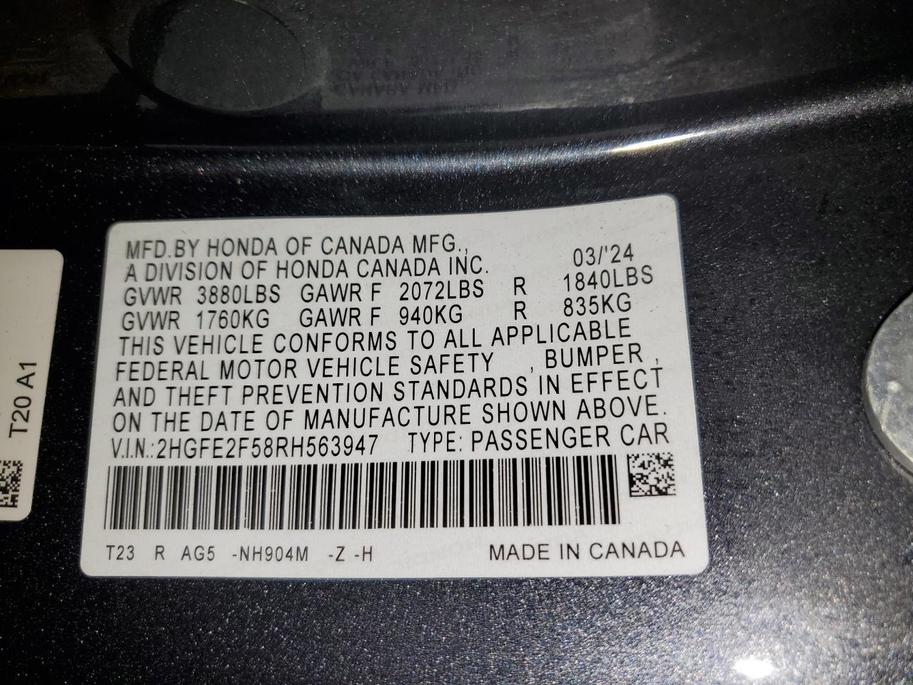 2024 Honda Civic VIN 2HGFE2F58RH563947 Copart auction photo, side / undercarriage damage thumbnail 12