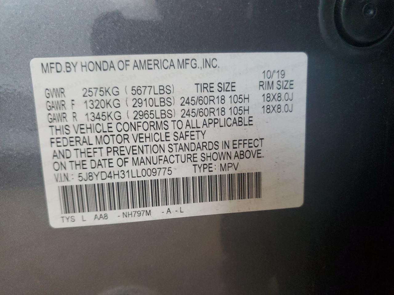 2020 Acura MDX VIN 5J8YD4H31LL009775 Copart auction photo, rear end / side damage thumbnail 13