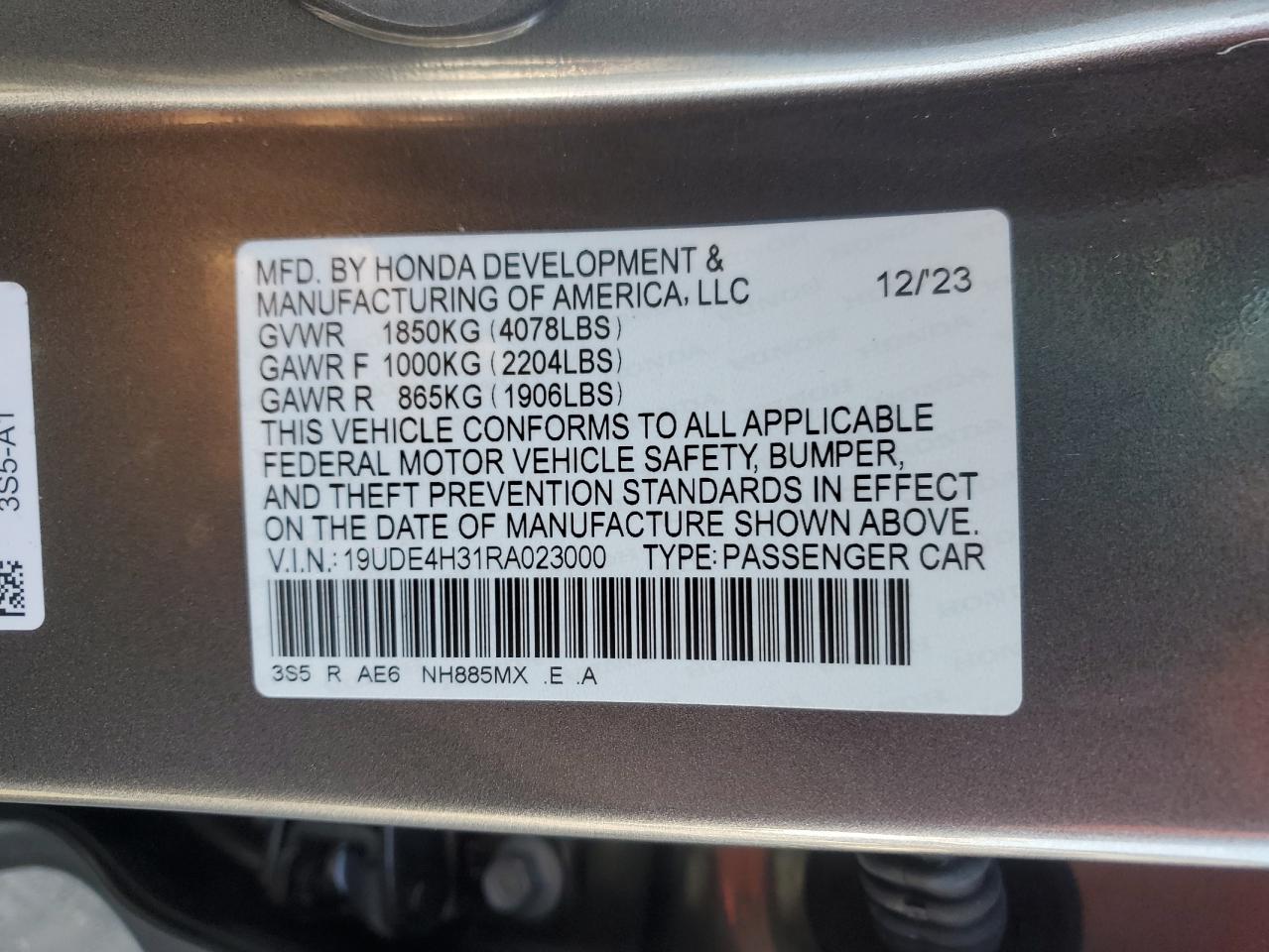 2024 Acura Integra VIN 19UDE4H31RA023000 Copart auction photo, rear end damage thumbnail 12