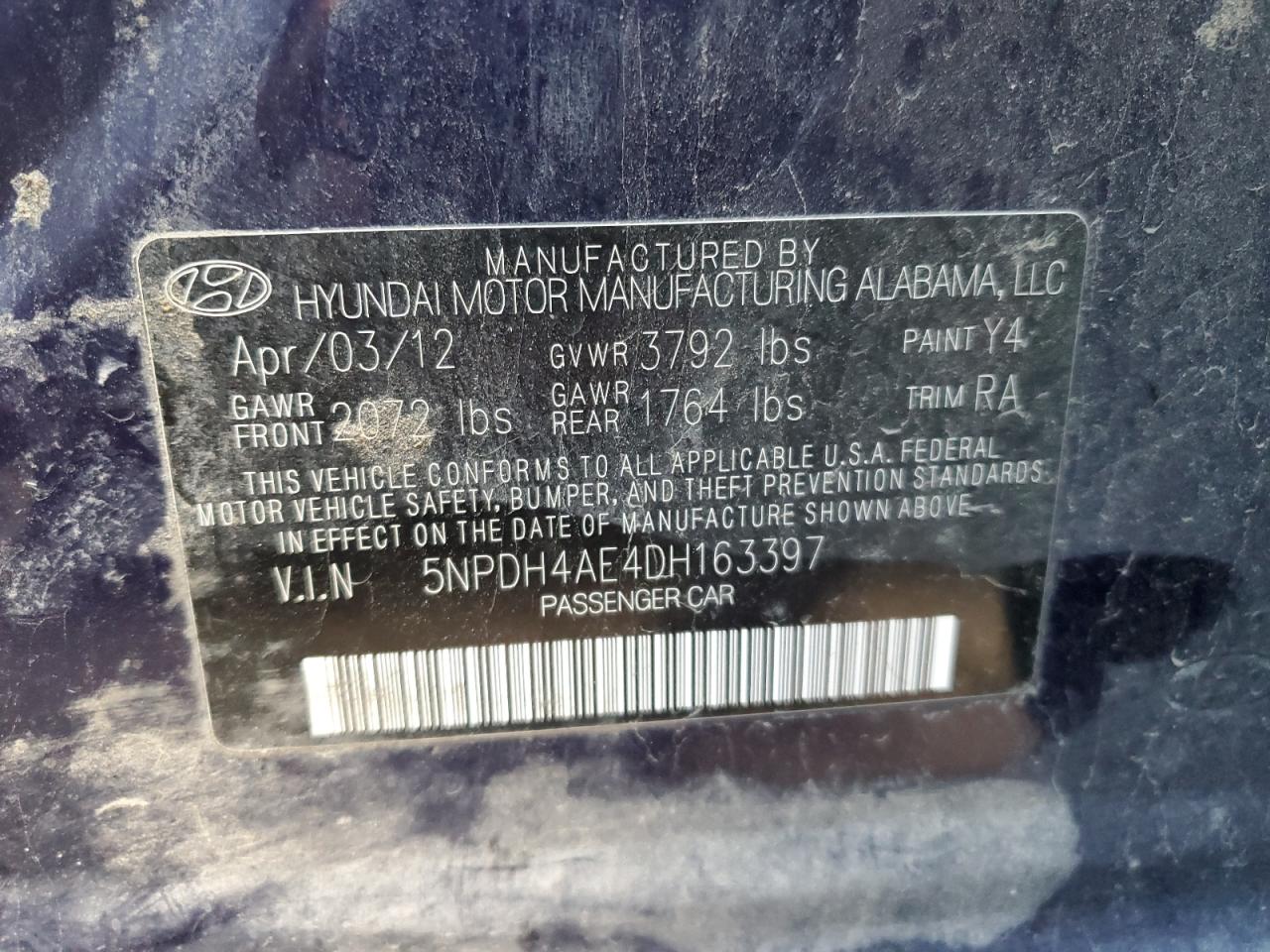 2013 Hyundai Elantra VIN 5NPDH4AE4DH163397 Copart auction photo, minor dent/scratches damage thumbnail 12