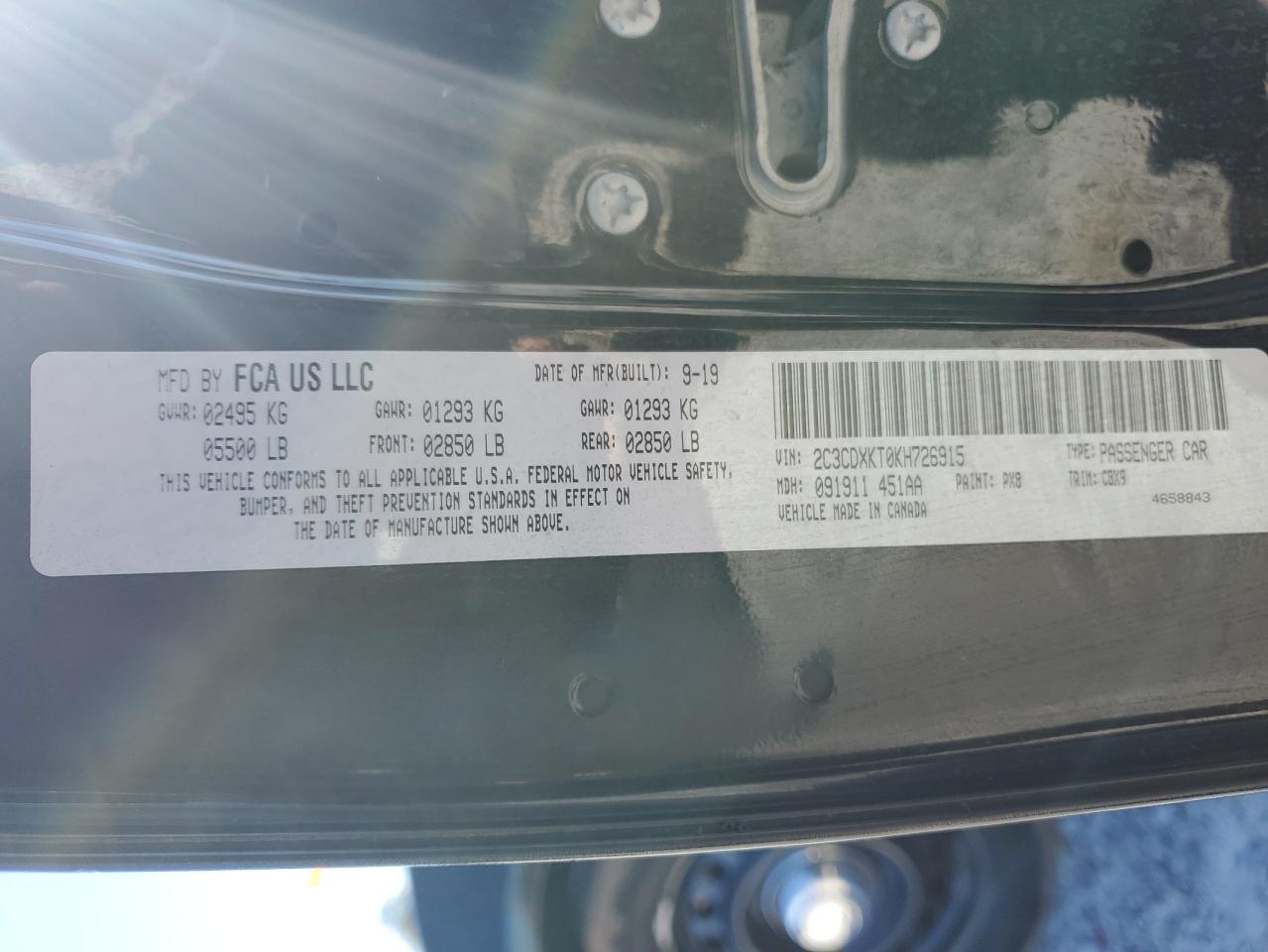 2019 Dodge Charger VIN 2C3CDXKT0KH726915 Copart auction photo, minor dent/scratches damage thumbnail 13