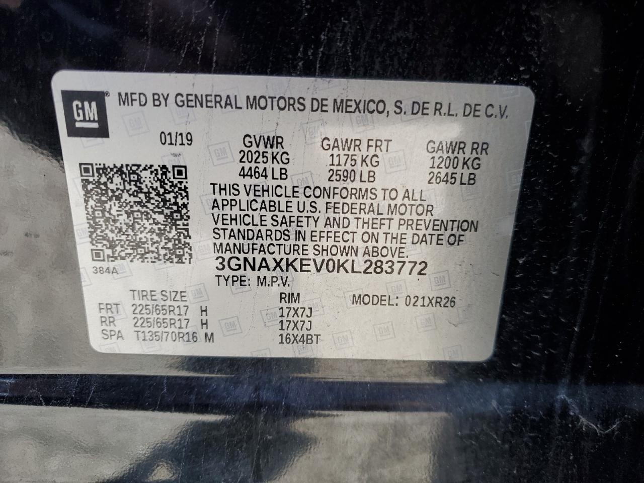2019 Chevrolet Equinox VIN 3GNAXKEV0KL283772 Copart auction photo, front end / side damage thumbnail 13