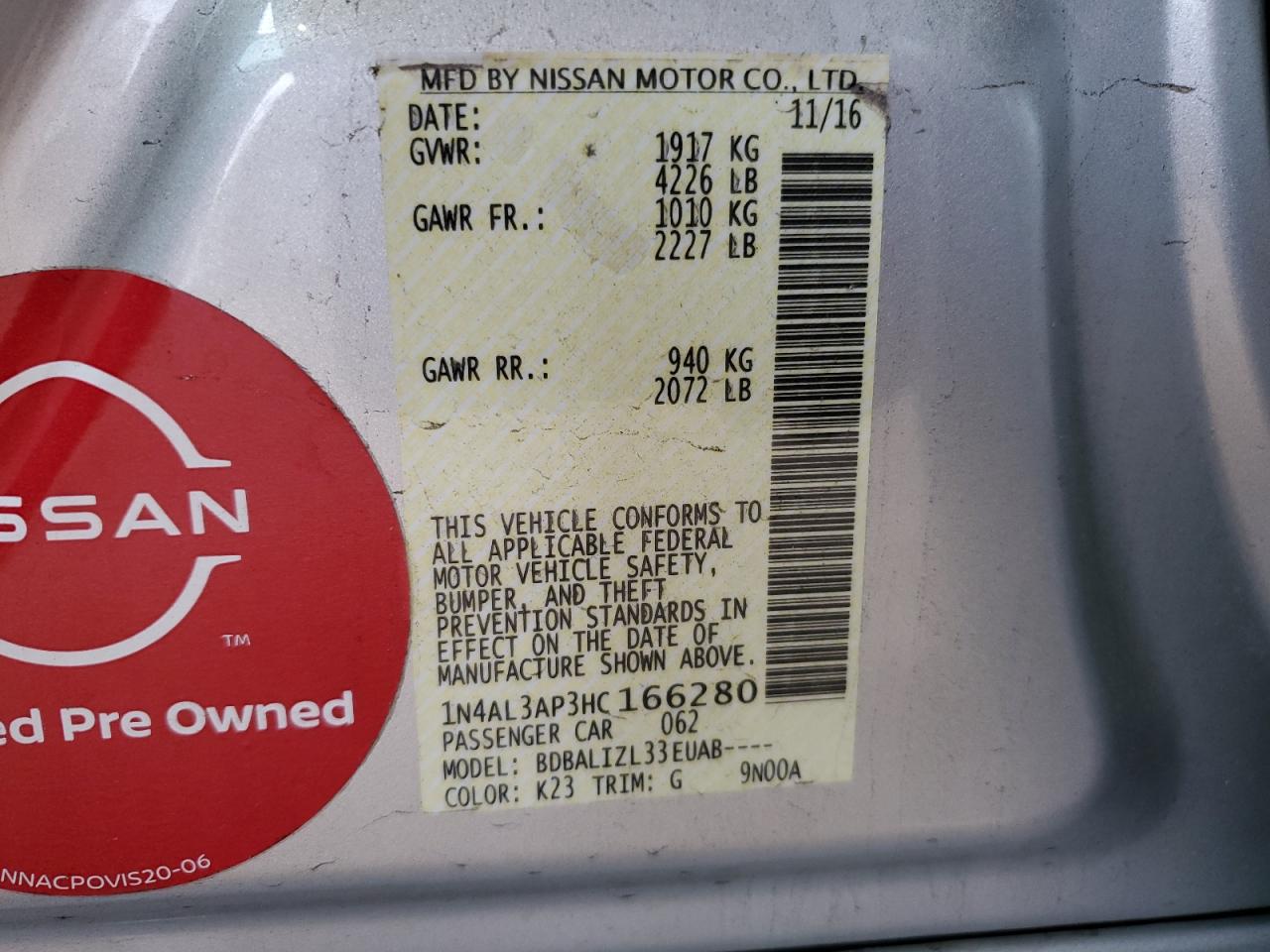 2017 Nissan Altima VIN 1N4AL3AP3HC166280 Copart auction photo, rear end / front end damage thumbnail 12