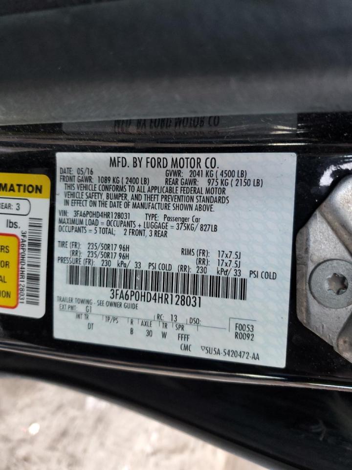2017 Ford Fusion VIN 3FA6P0HD4HR128031 Copart auction photo, rear end / minor dent/scratches damage thumbnail 12