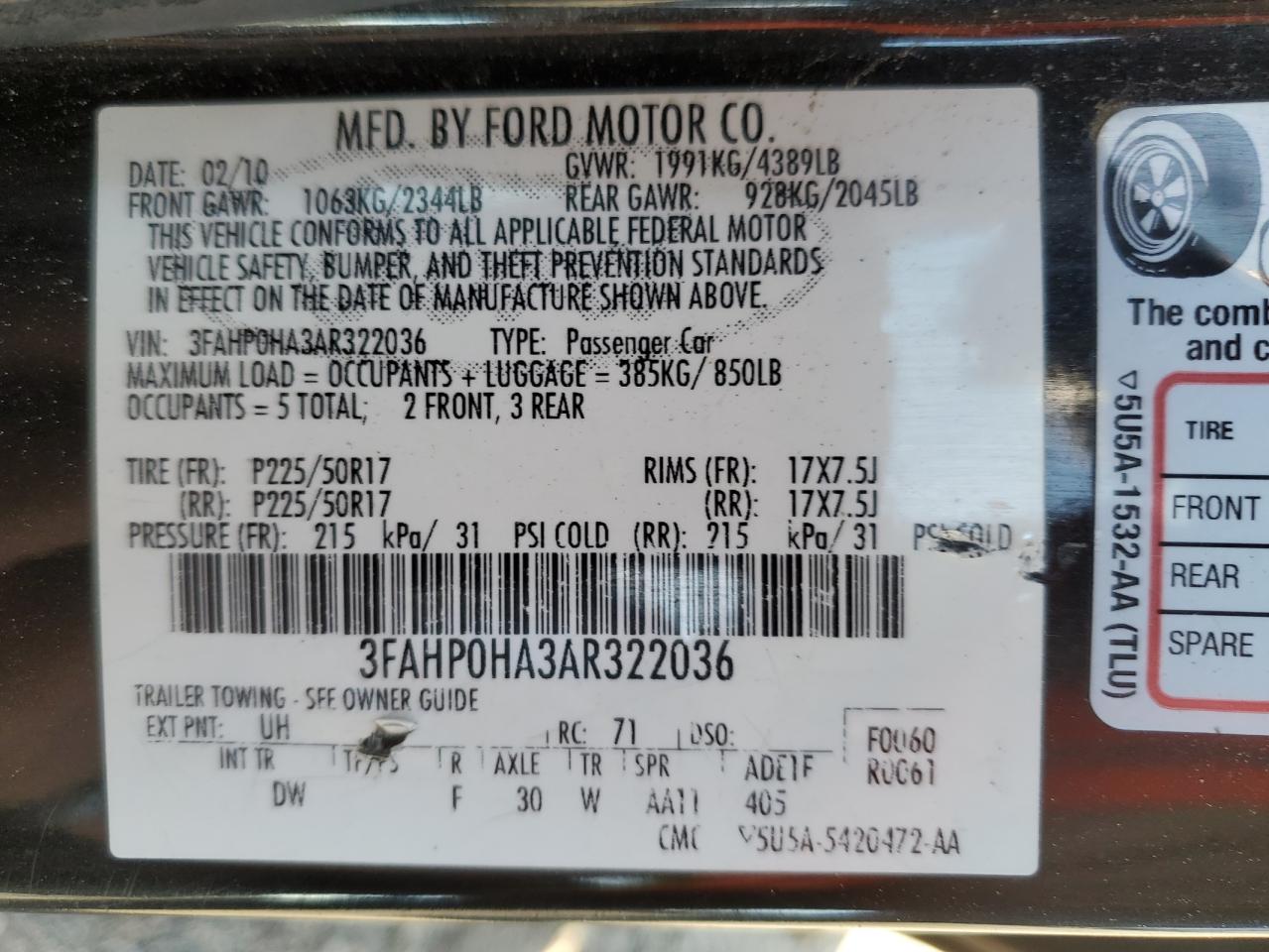 2010 Ford Fusion VIN 3FAHP0HA3AR322036 Copart auction photo, rear end / minor dent/scratches damage thumbnail 12